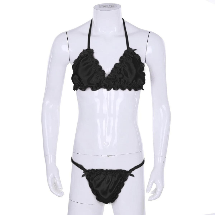 Front-view mannequin wearing a black satin halter bralette and matching ruffled thong