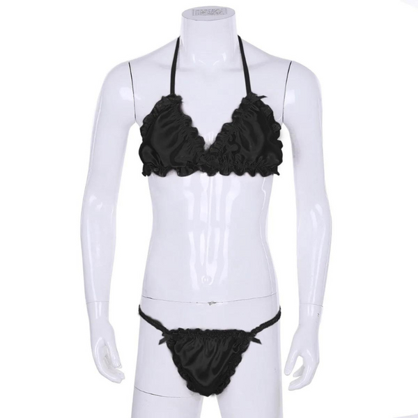 Front-view mannequin wearing a black satin halter bralette and matching ruffled thong