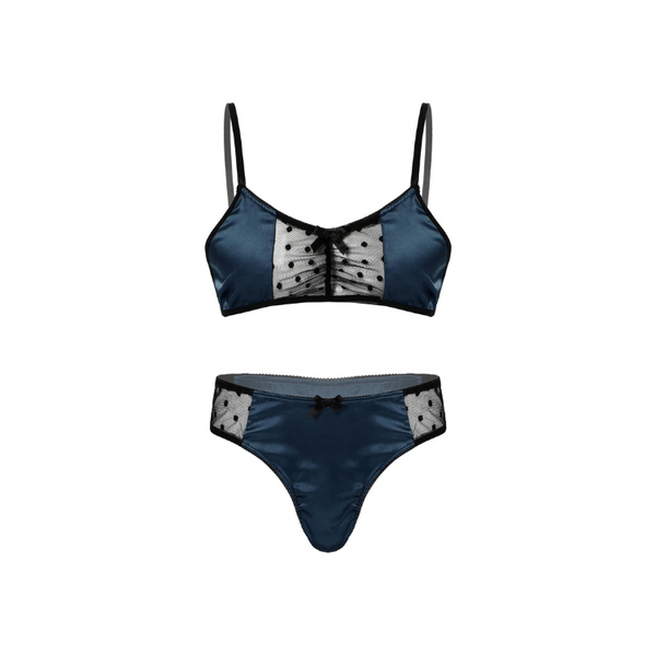 Front-facing navy satin lingerie set with polka-dot mesh panels and black bows