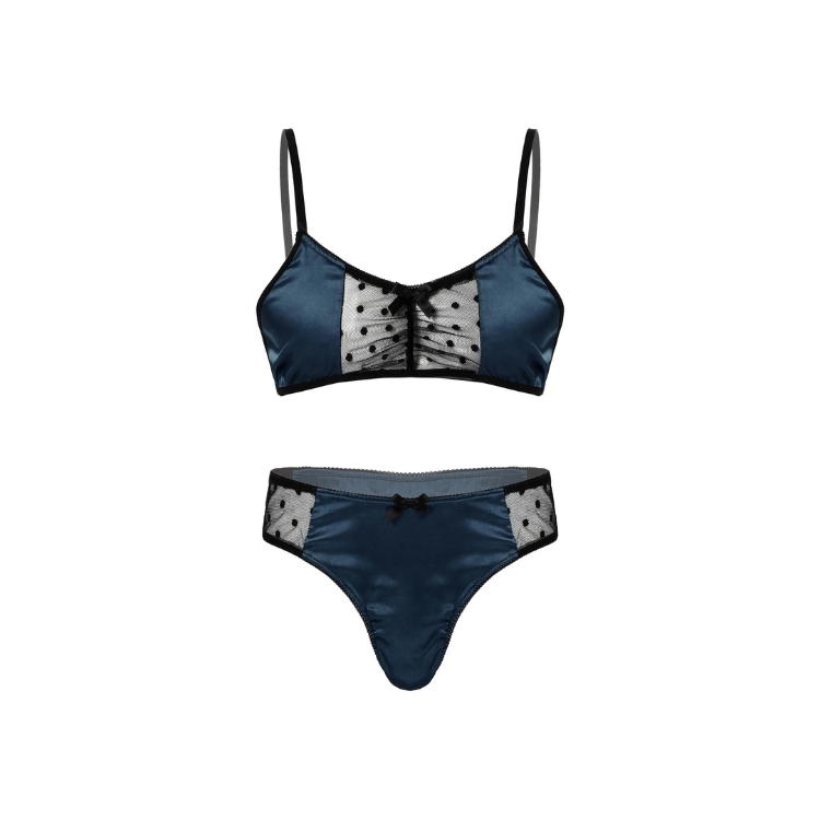 Front-facing navy satin lingerie set with polka-dot mesh panels and black bows