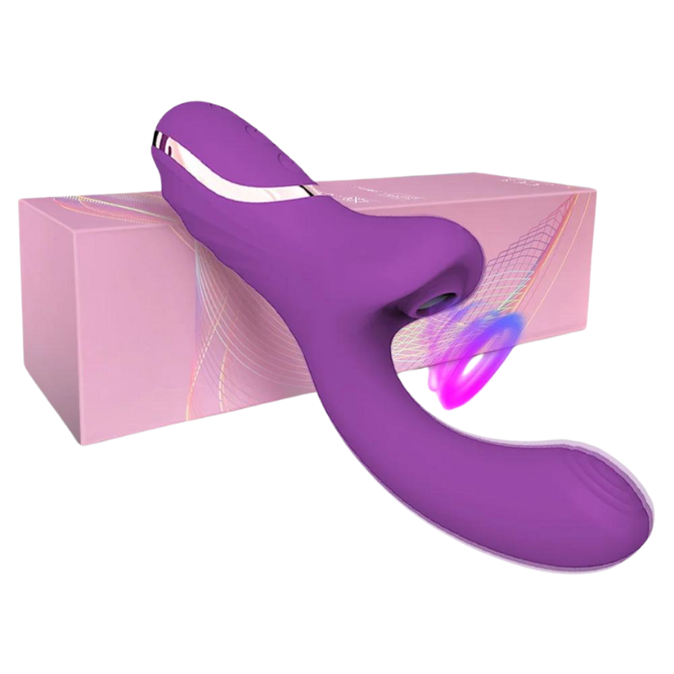 Purple clitoral suction toy displayed diagonally against a pink product box