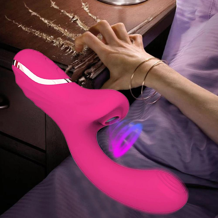 20 Types Of Euphoria Pulse Clitoral Suction, a pink, dual-ended silicone vibrator, hovers by a hand, exuding queer pride with vibrant purple swirls, symbolizing its empowering twenty modes of pleasure.