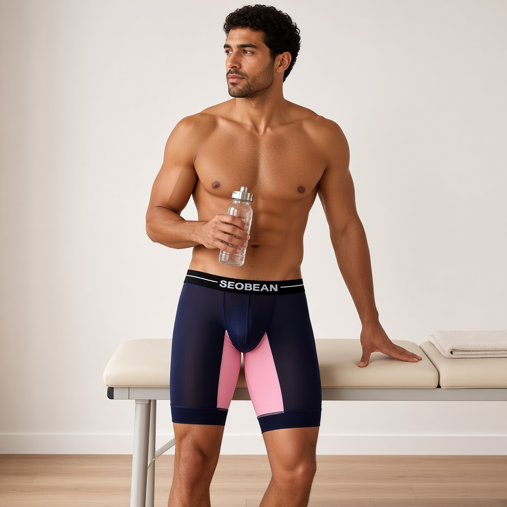 Adult model wearing SEOBEAN PowerStretch Men's Long Boxers, Navy with pink panels; long mesh boxer cut, in an athletic-club campaign.