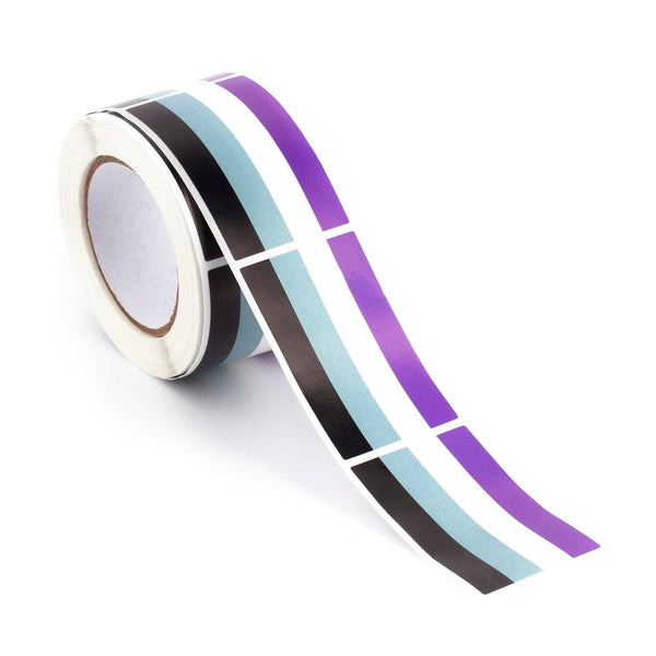 Roll of asexual pride flag stickers with black, gray, white, and purple stripes