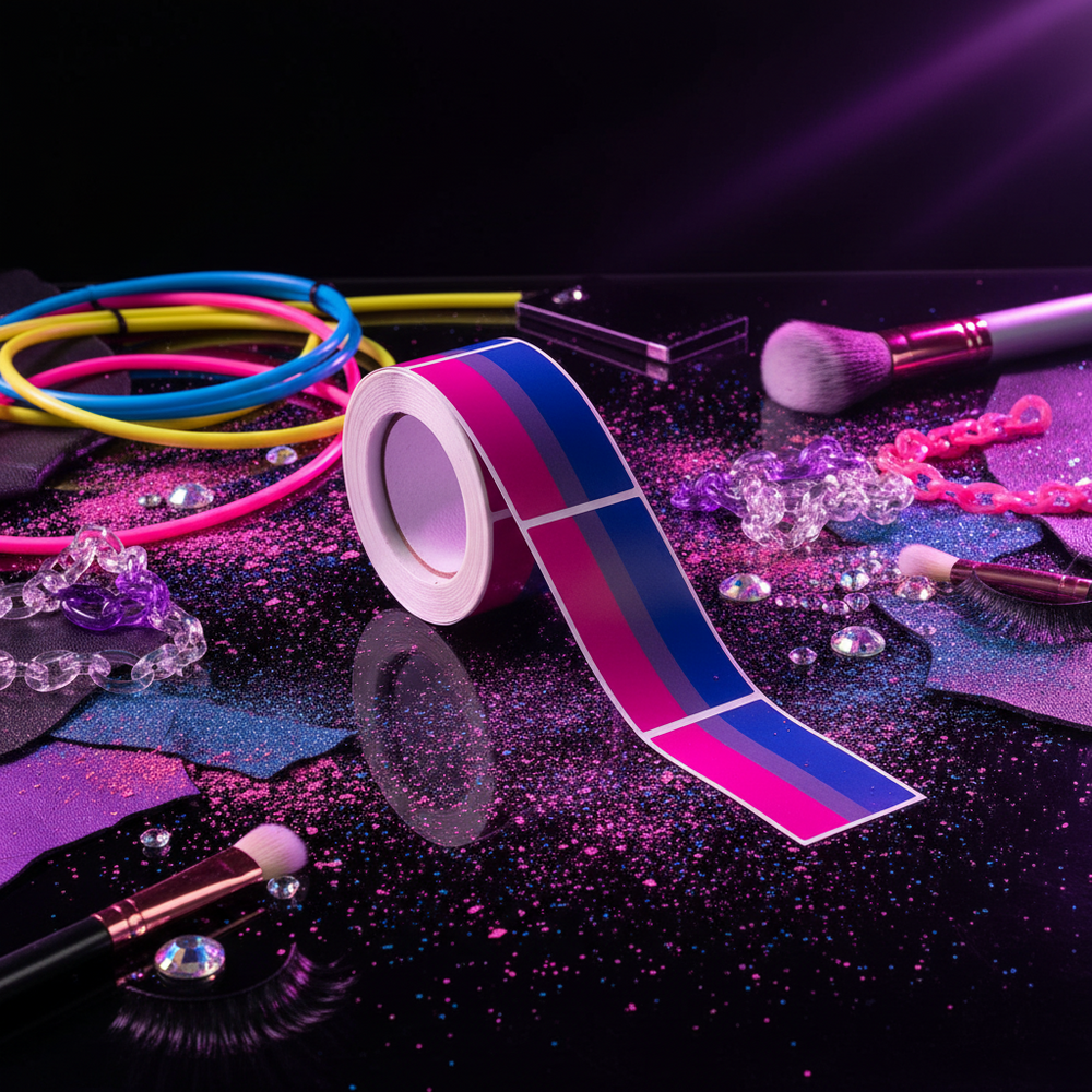 Roll of 250 bi pride flag stickers unspooled on glittery black, with makeup brushes, queer pride stickers, neon bracelets