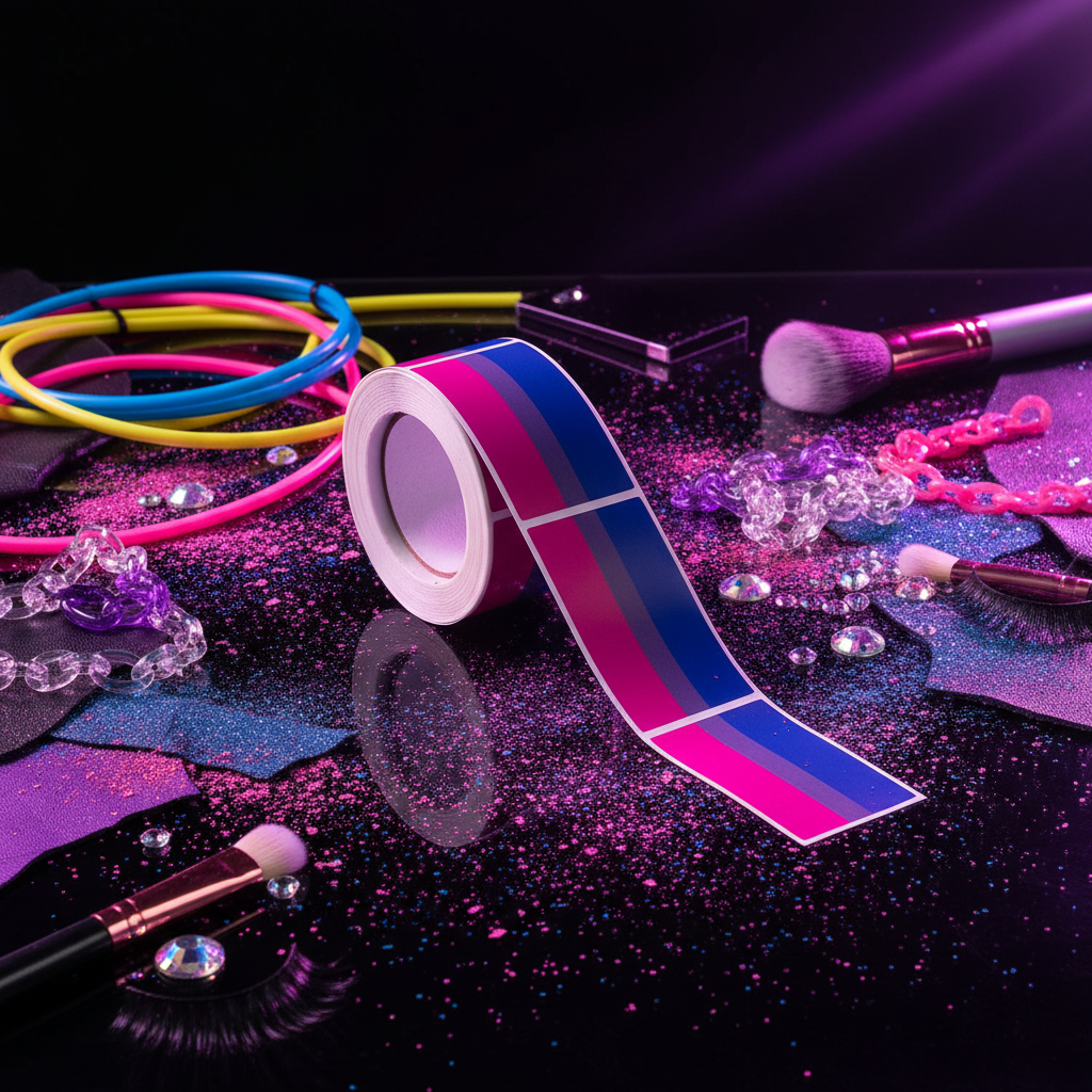 Roll of 250 bi pride flag stickers unspooled on glittery black, with makeup brushes, queer pride stickers, neon bracelets