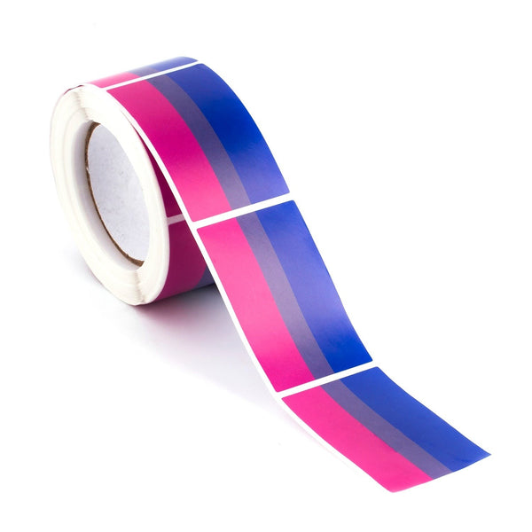 Roll of bisexual pride flag stickers with a strip of stickers unspooled on white