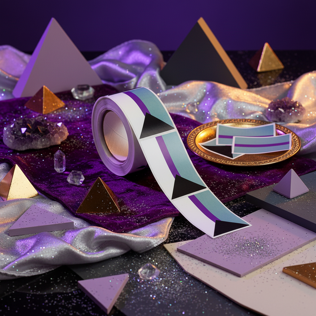 Roll of 250 Demisexual Pride Flag Stickers on purple velvet with gold and purple pyramids, queer accents, and geometric glam.