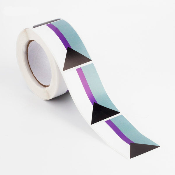 Roll of demisexual pride flag stickers, with a strip unspooled across a white surface