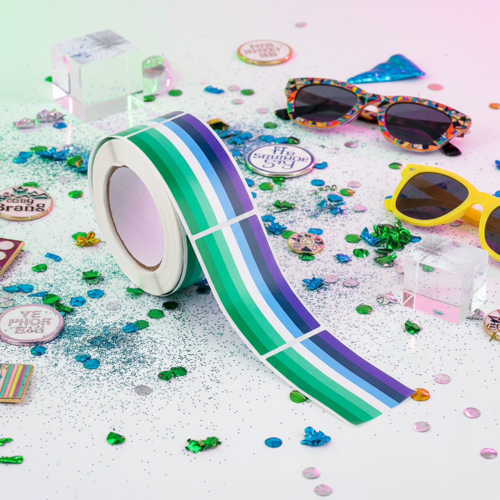 Roll of 250 Gay Male Pride Flag stickers on a glittery white surface, with queer party decor: sunglasses, buttons