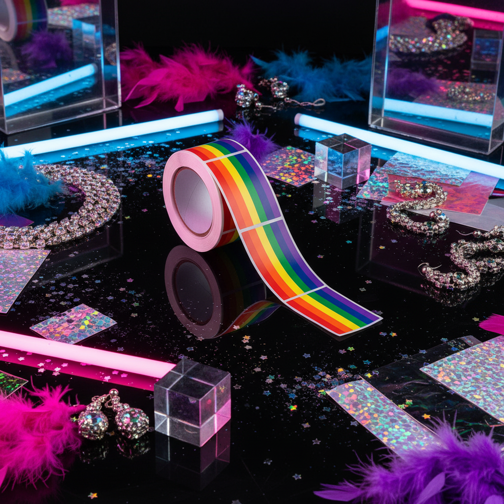 A roll of 250 LGBT Pride Flag Stickers on a glossy black surface with pink and blue feathers, rhinestones, neon sticks