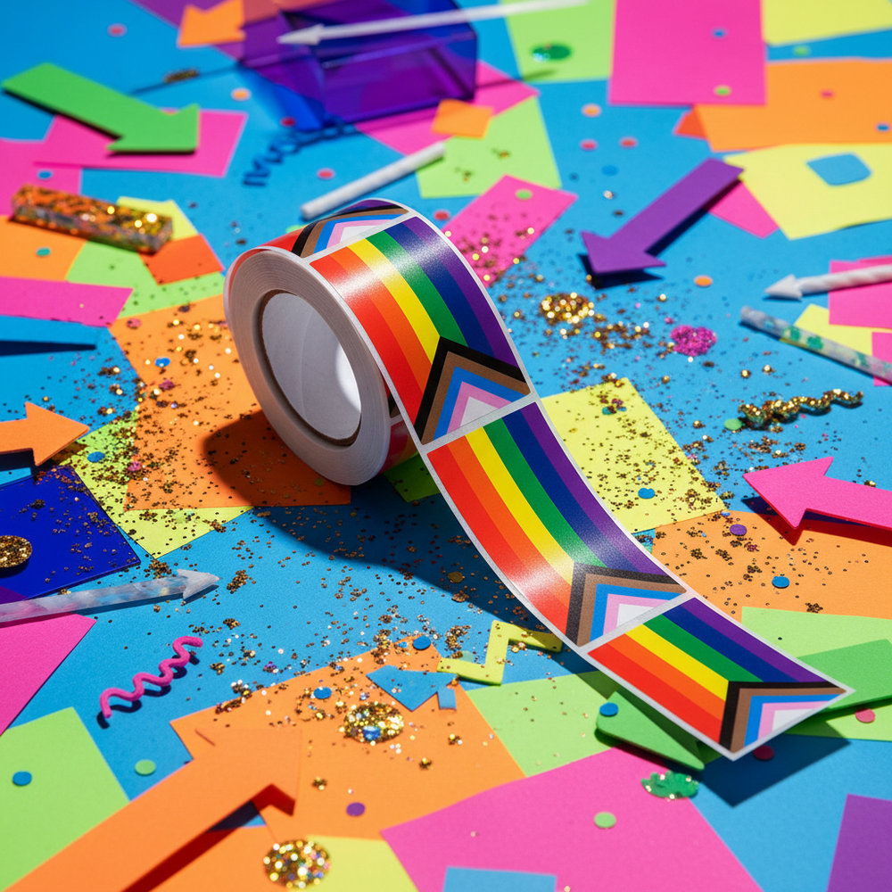 Unspooled roll of 250 Progress Pride Flag stickers on blue, with queer pride stickers, rainbow paper shapes, glitter
