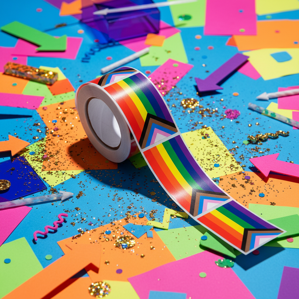 Unspooled roll of 250 Progress Pride Flag stickers on blue, with queer pride stickers, rainbow paper shapes, glitter