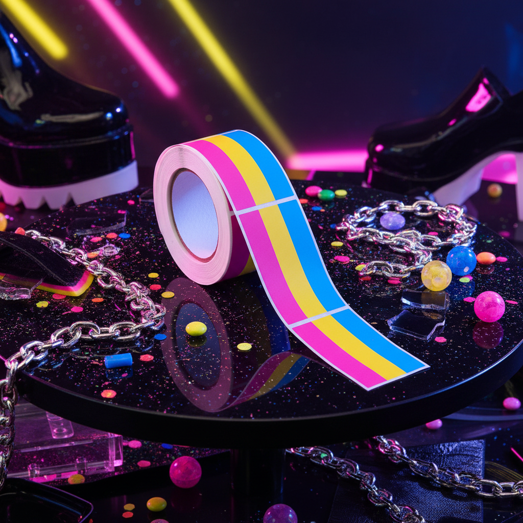 Roll of 250 Pansexual Pride flag stickers with pink, yellow, blue stripes on glittery black, amid chains, confetti
