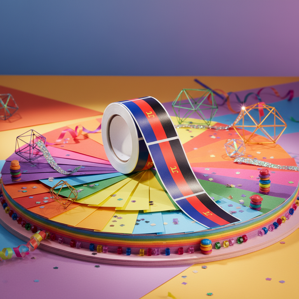 Roll of 250 Polyamory Pride Flag stickers on a rainbow display, with wire frames, glitter ribbons, confetti