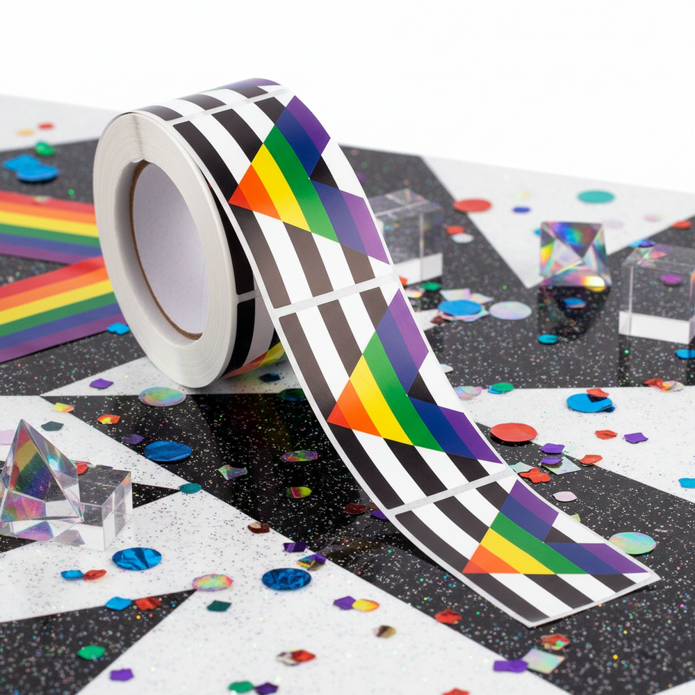 Roll of 250 Straight Ally Flag Stickers on sparkly, confetti-strewn surface with bright Pride stickers and rainbow confetti.