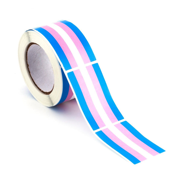 Roll of transgender pride flag stickers with a strip unrolled across a white background
