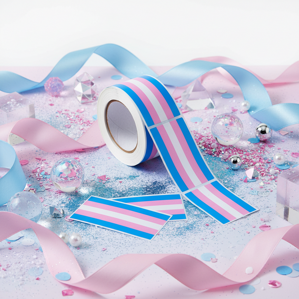 Transgender Pride Flag sticker roll of 250 on a pastel surface, with blue and pink ribbons, glitter, pearls, gems
