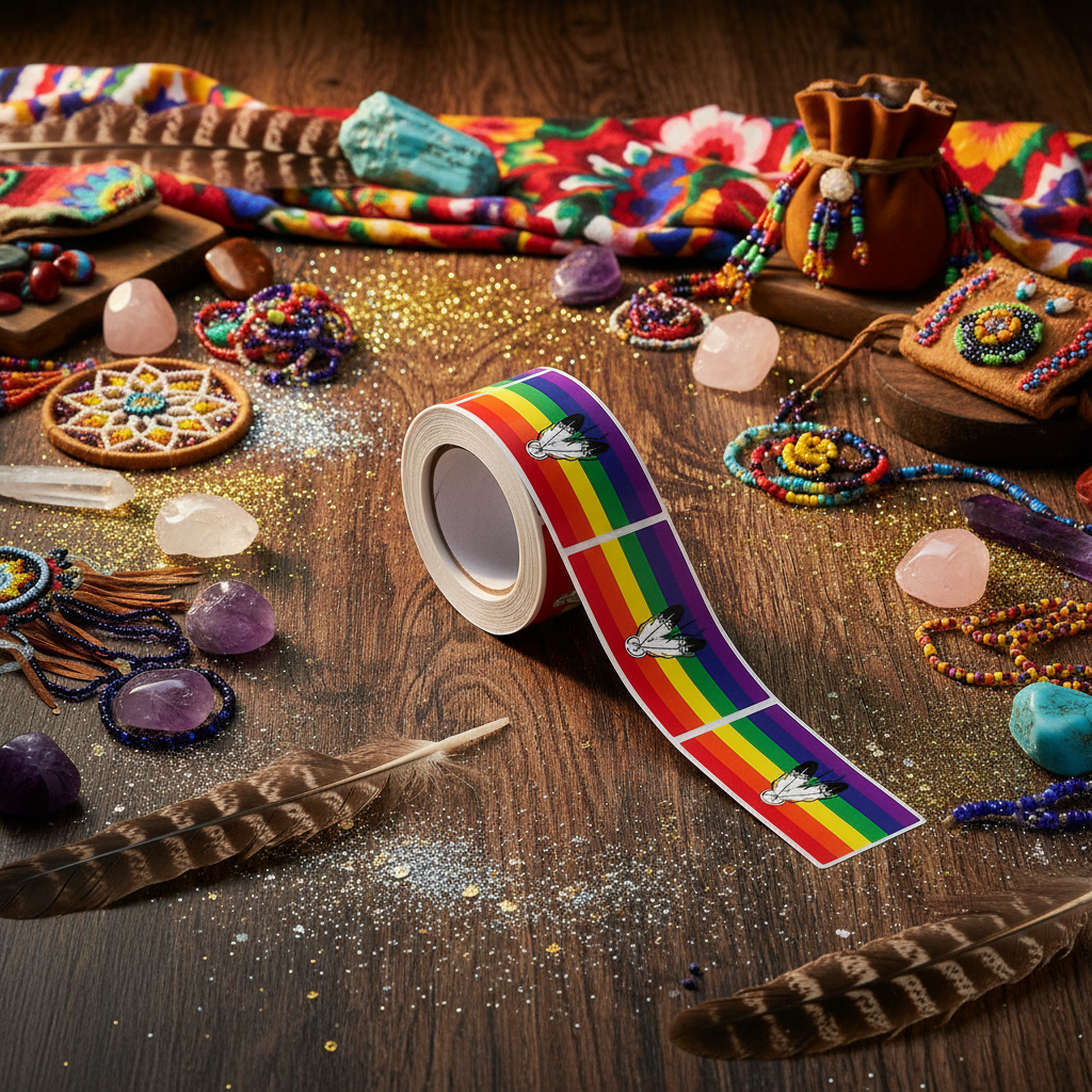 Roll of 250 Two-Spirit Pride Flag stickers on a wooden table, ringed by beads, feathers, stones, woven cloth, crafts