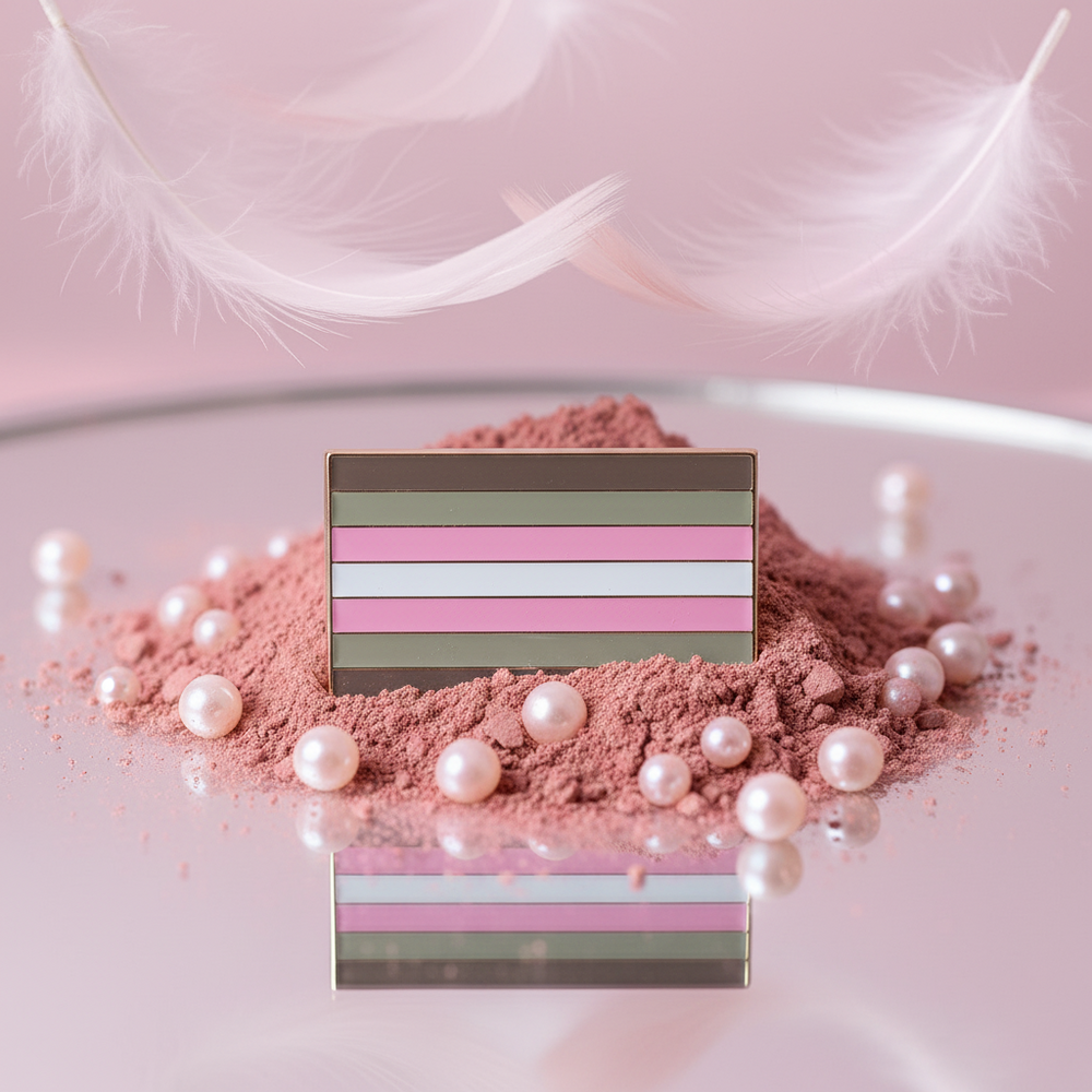 Rectangular striped enamel pin propped in pink powder among pearls and feathers