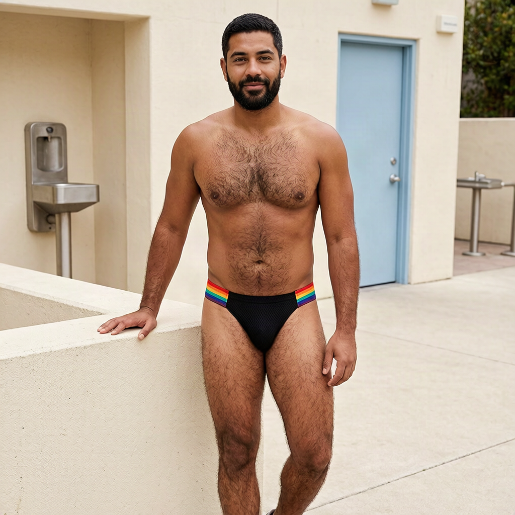 Adult model wearing SEOBEAN Pride Pop Low-Rise Briefs, Black mesh with rainbow side bands, in an athletic-club campaign.