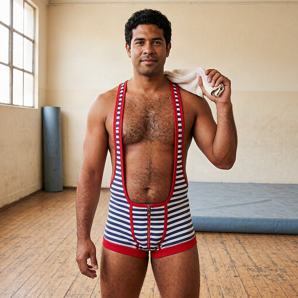Adult model wearing Seobean Sexy Zip Pouch Male Bodysuit, Navy-and-white stripes with red trim; zipper closed, in an athletic-club campaign.