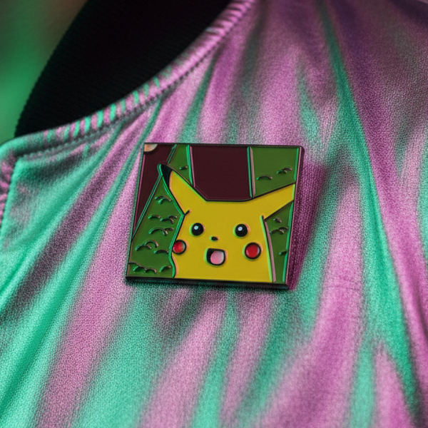 Pikachu Meme Enamel Pin on shiny pink-green fabric, capturing whimsical queer pride and self-expression.