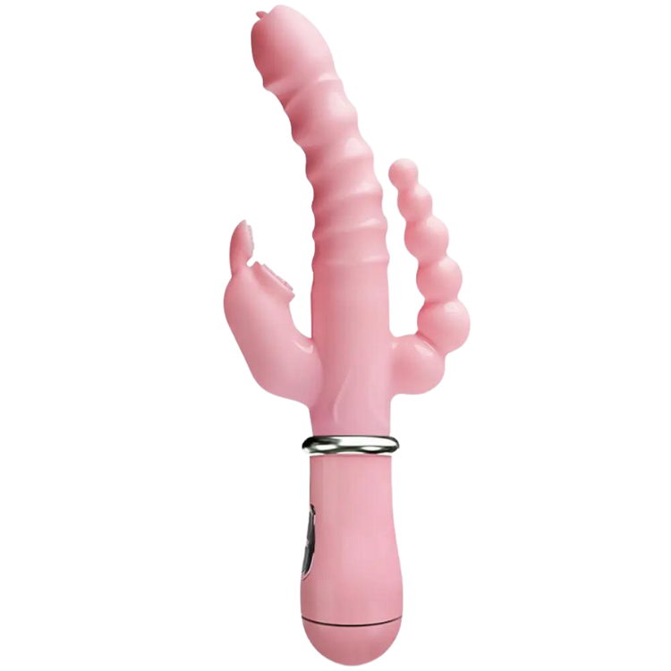 Pink rabbit vibrator with a ribbed central shaft, curved side arms, and a silver ring