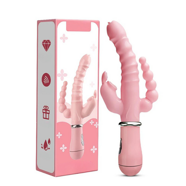 Pink rabbit vibrator shown beside its pink-and-white product box