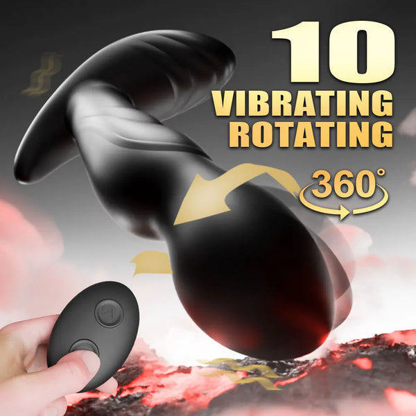 Black curved masturbator with remote, shown with arrows and “10 VIBRATING ROTATING 360°” text