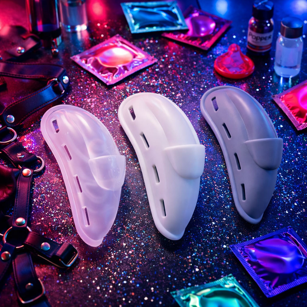 Three silicone men's underwear enhancer cups in translucent, white, and gray, shown on a glittery surface