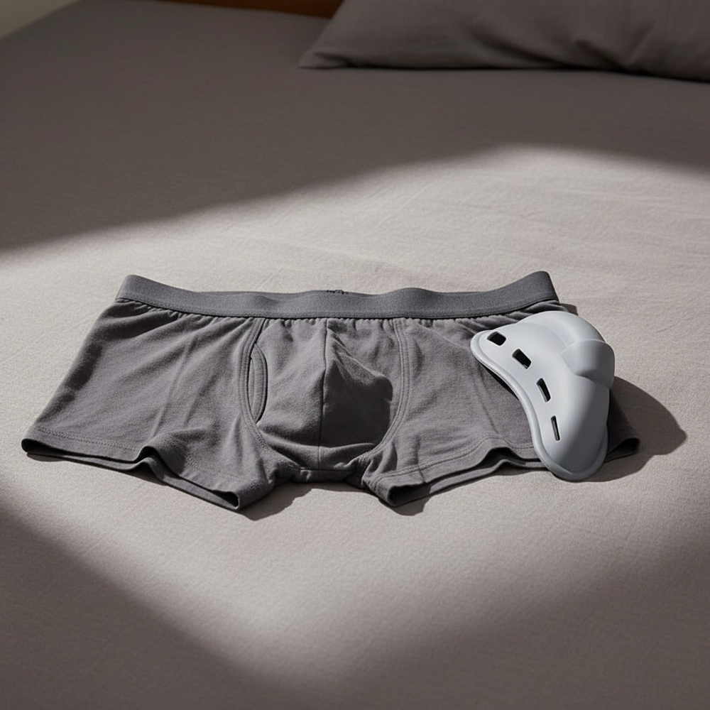 3D contour men's underwear enhancer cup with curved profile and ventilation slots.