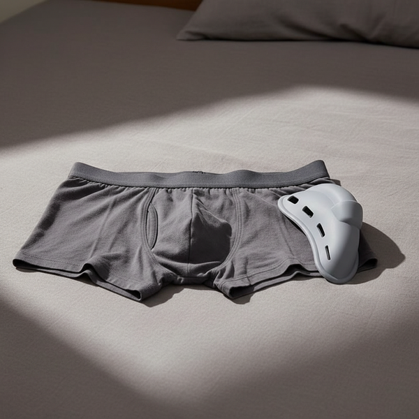 3D contour men's underwear enhancer cup with curved profile and ventilation slots.