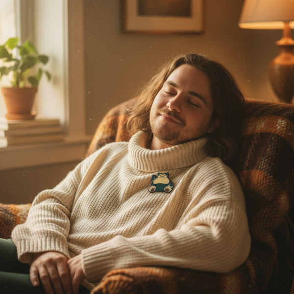 Snorlax enamel pin worn on a cream sweater in a cozy armchair