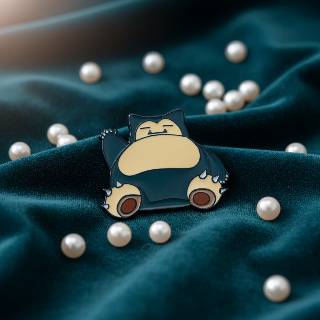 Snorlax enamel pin on teal velvet, surrounded by scattered pearl beads