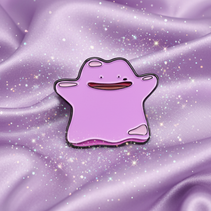 Close-up of a pink Ditto character enamel pin on sparkly lavender fabric