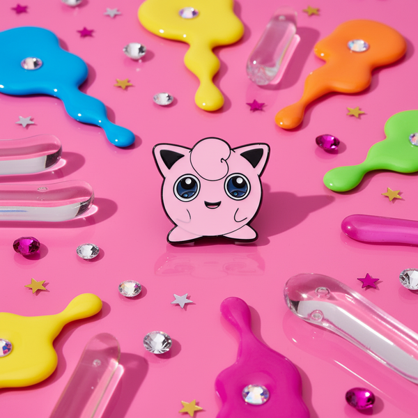 Jigglypuff enamel pin displayed on a pink background with colorful decorative shapes