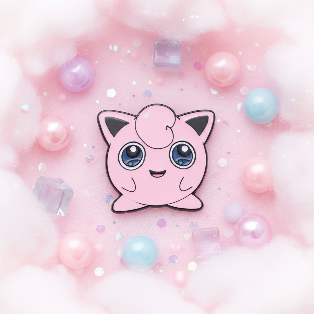 Pink Jigglypuff enamel pin surrounded by pastel beads and iridescent confetti