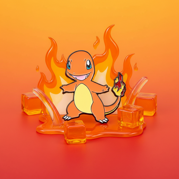 Charmander enamel pin displayed against an orange flame-themed background