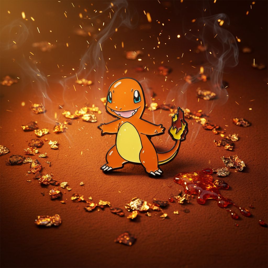 Charmander enamel pin displayed amid glowing embers and smoke