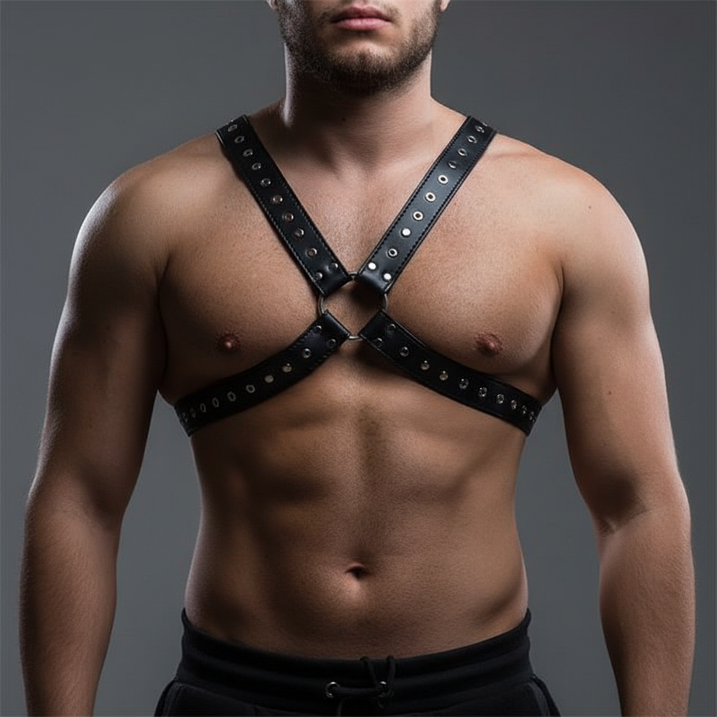 4-Strap Studded Leather Harness with X-shaped metal rings over a bare, muscular chest