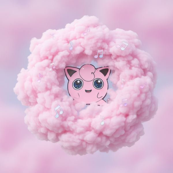 Jigglypuff Enamel Pin nestled in cotton-candy-like clouds with musical notes, celebrating pride and self-expression with whimsical, empowering queer energy.