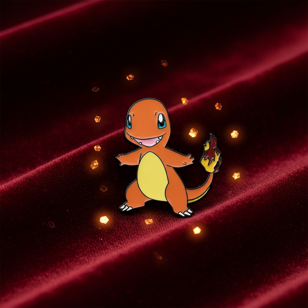 Charmander Enamel Pin on deep velvet embodies bold queer pride and self-expression, crafted in hard enamel. Ignite your style with this empowering accessory celebrating LGBTQIA+ visibility and confidence.
