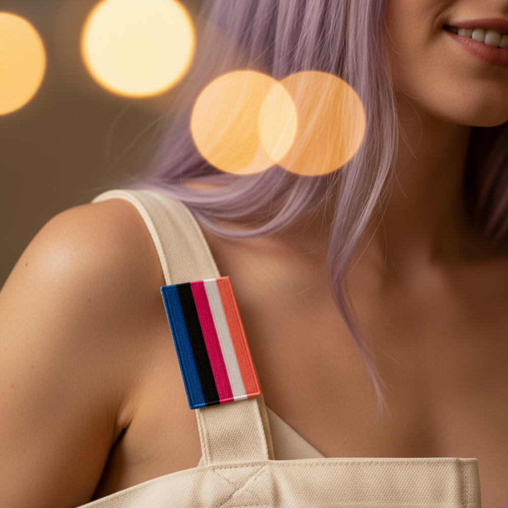 Genderfluid pride embroidered patch attached to a cream tote strap