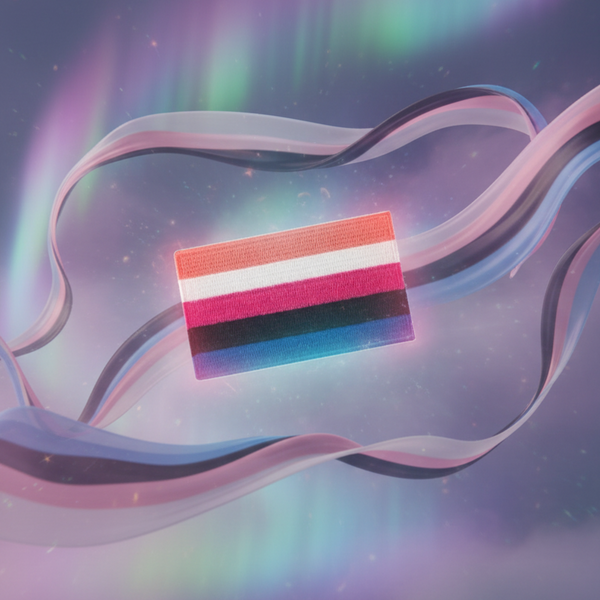 Rectangular embroidered patch with coral, white, magenta, black, and blue horizontal stripes