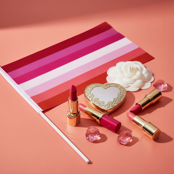 Lesbian pride handheld flag with lipsticks, a heart-shaped mirror, flower, and pink gems