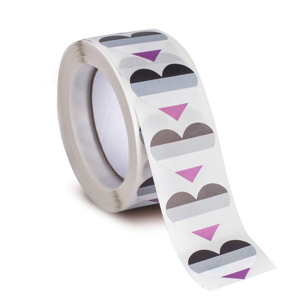 Roll of asexual pride heart stickers with a strip unspooled in front