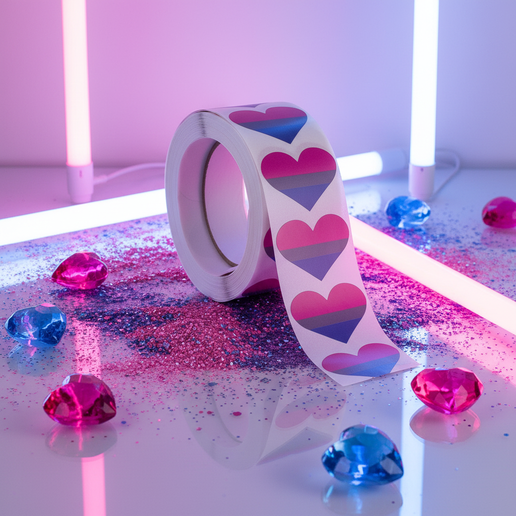 Roll of 500 Bisexual Pride heart stickers with pink, purple, and blue designs