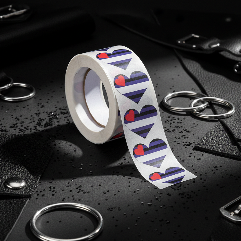 Roll of 500 Leather Pride heart stickers—blue, black, white, and red—on black leather with metal rings, buckles, and glitter.
