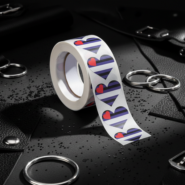 Roll of 500 Leather Pride heart stickers—blue, black, white, and red—on black leather with metal rings, buckles, and glitter.